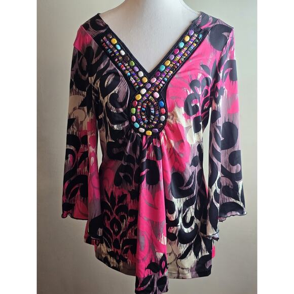 New Directions Woman Size Large Stretchy Pink With Embellishments Top Boho NEW - Picture 1 of 7
